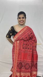 Vriksham Red Geometric Print Ajrakh Dola Silk Saree-VS4366